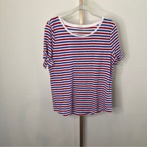 Talbots Womens Linen Blend TopStriped Short Sleeve Red White Blue L